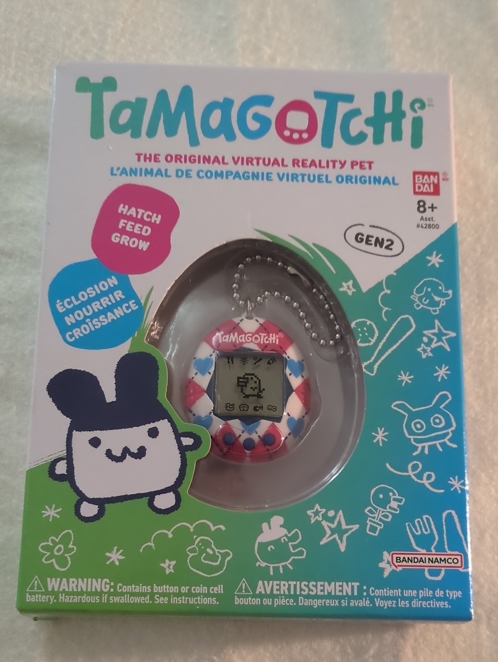 NIP Tamagotchi Pink & White Plaid Blue Hearts NIB Brand New In Box Virtual Pet